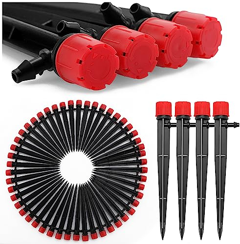 VooGenzek 50 Stücke 360 Grad Einstellbare Bewässerung Sprinkler, 8-Loch Garten Bewässerung Tropfer mit Barb Verbinder & Micro Drip Rohrhalter for 4/7mm Schlauch, für Gewächshaus, Topfpflanzen, Rot