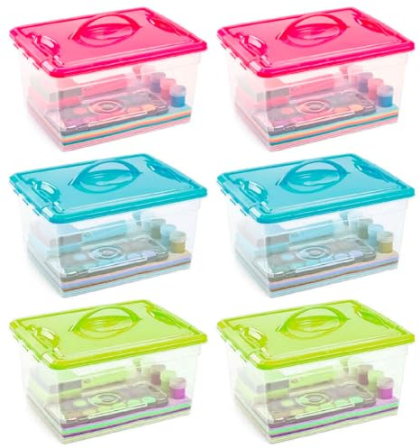 AC - Pack de 6 cajas de ordenación de plástico - Transparente con asa - Nº 9 - Contenedor para almacenar libros, ropa, mantas. Capacidad 12 litros. Dimensiones aprox.: 18 x 34 x 27 cm (Surt)