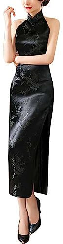 Abito da donna senza maniche con collo alla coreana cinese Cheongsam con spacco laterale lungo Qipao vestito da festa, Nero prugna, L
