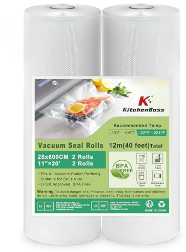 KitchenBoss Vakuumierfolie 2 Rollen 28x600cm：Profi Vakuumbeutel für Vakuumierer & Sous Vide, Vakuumbeutel Lebensmittel BPA-frei, Vakumierfolienrollen Reißfest und Kochfest