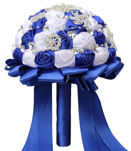 Amosfun 1pezzi Bouquet Da Sposa Raso Bianco e Blu Composizione Fiori Artificiali Per Cerimonie Nuziali Decorazione Elegante Per Ufficio e Casa Di Stile Raffinato e Realismo Naturale