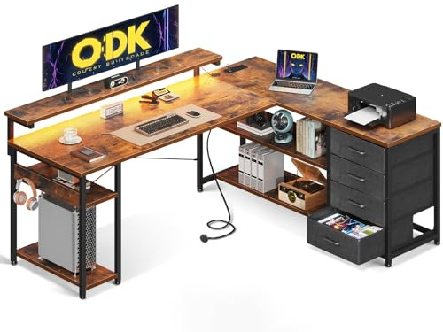 ODK Corner Desk with Drawers, L Shaped Gaming Desk with LED Lights & Power Outlets, Reversible Computer Desks for Home Office Workstation, Office Desks with Monitor Shelf, 155×110 cm, Vintage