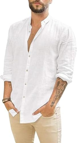 Runcati Camicia da Uomo in Lino a Maniche Lunghe, Camicia Estiva da Spiaggia, Casual, Vestibilità Normale, Camicia per il Tempo Libero, bianco, XL