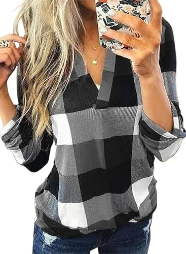 Cuptacc Camicia Donna A Quadri Maglietta Donna Elegante Maniche Lunghe Scollo A V Shirt Top Blusa Moda Grigio M