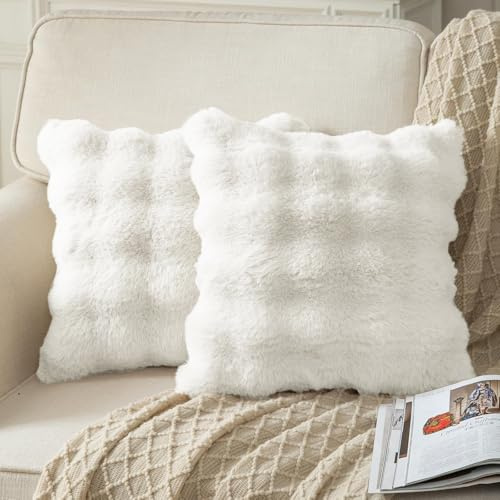 Sadodo Plush Soft Cushion Covers,Pack 2PCS Light Luxury Pillow Covers,Fashion Modern Faux Fur Throw Fluffy Pillowcase,for Sofa Couch Home European Decorations (White, 45x45cm/18x18 Inch)