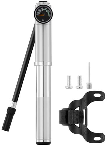 JULAI Mini-Fahrradpumpe mit Manometer, tragbare Rahmenpumpe, Stoßpumpe für Gabel und Hinterradaufhängung, passend für Presta- und Schrader-Ventile, für Rennräder, Mountainbikes (Silber)