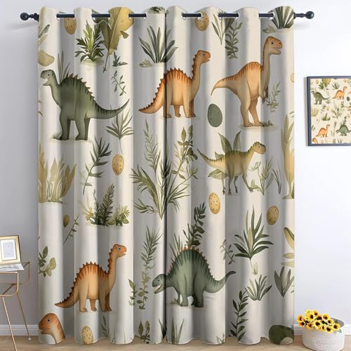 Dinosaur Curtains - Kids Boys Jungle Animals Wildlife Dino Print Pattern Eyelet Blackout Curtain Thermal Insulated Noise Reduction Room Darkening Window Drapes for Bedroom 2 Panels W46 x L54 Inch