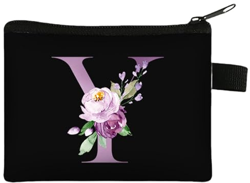 FAVORTALK Coin Purse Initial Coin Purse Men Small Coin Bags for Women Ladies Mini Coin Pouch with Zipper Portable Change Purse Wallet for Girls Black Coin Pocket Floral Change Pocket - 43427