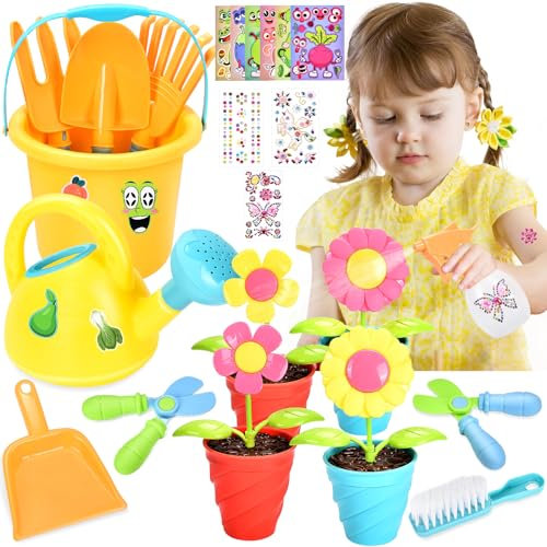 Aragallant Kinder Gartengeräte Gartenspielzeug, Gartenwerkzeug Set mit Rechen Gießkanne Schaufel Harke Garten Zubehör, 28 Pcs Gartenset Kinder Sandspielzeug Draußen Jungen Mädchen 3 4 5 6 7 Jahre