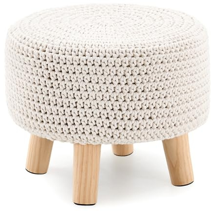 LGENHOOM Boho Ottoman Foot Stool Cotton Knitted Round Pouf Ottoman Foot Rest Stool with Non-Skid Wooden Legs Step Stool Padded Seat for Living Room White