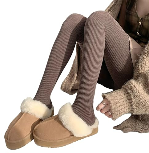 Fast färg ribbad vertikal randig strumpbyxor för kvinnor vinter tjock bomullströja strumpstrumpor leggings och vinterstrumpbyxor, Mörkt kaffe, one size
