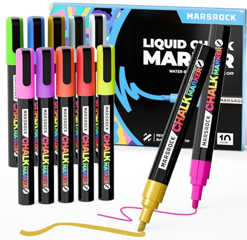 Marsrock Liquid Chalk Markers,10 Vibrant Colors Chalk Pens, Reversible Tip | Wet Erase, Water-Based Chalkboard Markers for Blackboards, Windows, Glass, Mirrors, Signs,Car– Ideal for Restaurants & Home