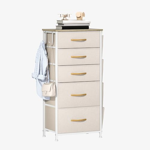 TAUS Chest of Drawers with 5 Drawers,Fabric Drawer with Easy Pull Handle,with Hook,Side Pockets,Wood Top,Sturdy Steel Frame for living room,bedroom,Beige