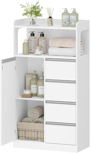 HEXCELEN Meuble Salle de Bain Rangement avec 4 Tiroirs Blanc-Argent | 30 x 60 x 110 cm, Placard de Rangement , Armoire Haut Salles de Bains, Étagères Réglables, Salles de Bains, Le Salon