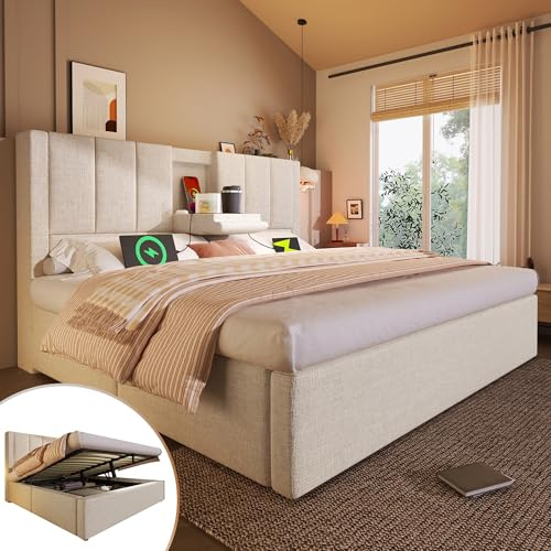 Lit 180x200 avec Sommier USB C et Porte-Gobelet Caché, Lit Coffre 180x200 avec Rangement et Tete de Réglable, Double Hydraulique avec à Lattes 2 Personnes, Rembourré Cadre de Lin(Sans Matelas)