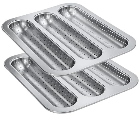 Vassoio per baguette, antiaderente, perforato, con 3 scomparti, 2 vassoi per baguette, 2 x 25 x 3 cm, per la preparazione quotidiana dei pasti a casa in cucina