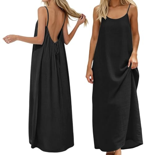 Générique Robe Caraco Dos Nu pour Femme d'été 2026 sans Manches, Longue Robe d'été décontractée, Robe d'été Fluide à Dos Ouvert pour Les Vacances, la Plage, la Maison, Couleur Unie