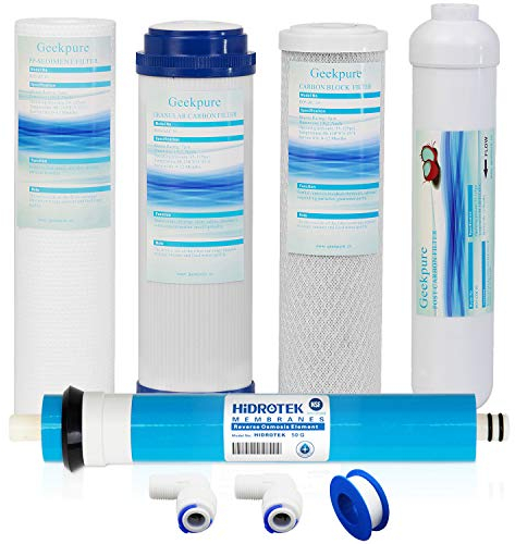 Geekpure 10 pouce universel Compatible Osmose inverse filtre de remplacement 5 filtres de rechange avec membrane Ro (50 gpd) blanc