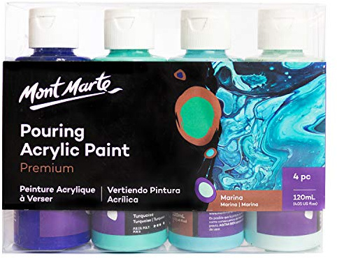 MONT MARTE Acrylique Pouring Peinture Set Marina – 4 pièces x 120ml – Peintures Acryliques pré-mélangées avec Pouring Medium – Outremarine Bleu, Turquoise, Bleu Clair, Aiguemarine Clair