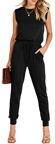 ANRABESS Womens Summer Sleeveless Jumpsuits Casual Dressy Stretchy Crewneck Rompers One Piece Outfits Spring Fashion 2026 Black Medium