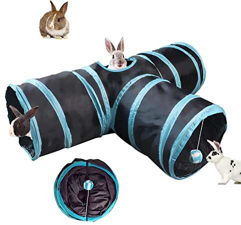 NANEEZOO Bunny Tunnel 3-Wege-Falttunnel für Kaninchenversteck, Kleintier-Aktivitätsrohr, Spielzeug für Zwergkaninchen, Meerschweinchen, Chinchilla, Frettchen und Kätzchen (Blau)