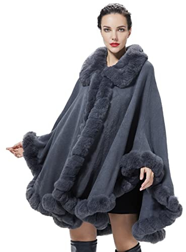 BEAUTELICATE Fine Knit Cape Coat Women’S Cardigan Poncho Knitted Cloak Oversize Faux Fur Shawl Wrap Stole for Autumn Winter Wedding Bride Bridesmaids Causal Manteau(One size, Smoky Gray)