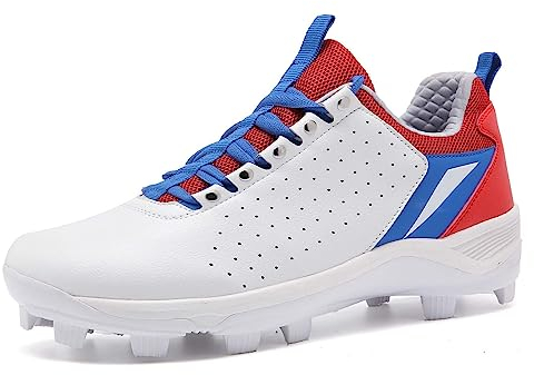 SDEQA Cricketskor för herrar Lätta sportskor med gummisula för unisex Halkfria hockeyskor med andningsfunktion,White blue,44 EU