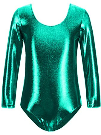 FUREINSTORE Justaucorps classique brillant élastique pour filles à manches longues et col rond (Vert, 10 ans)