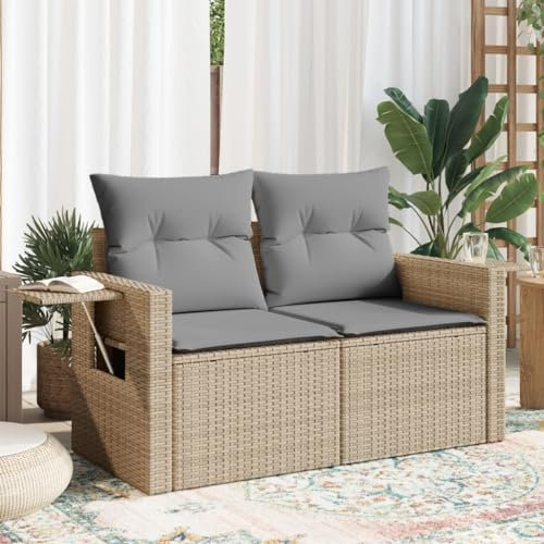 Generisch Gartensofa 2-Sitzer mit Hockern Rattanlounge 2-Sitzer Beige Ecklounge Outdoor Rattansofa 2-Sitzer mit Kissen Rattanmöbel Kleine Gartenmöbel 2-Sitzer Lounge Sofa Lounge