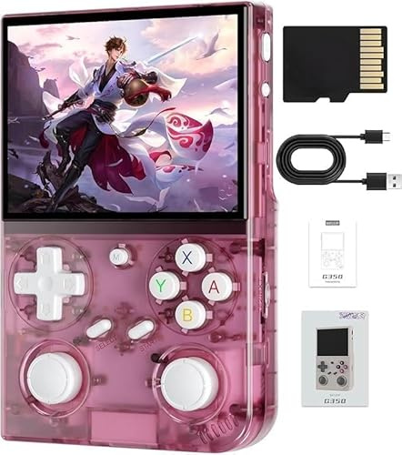 G350 - Consola de juegos retro, pantalla IPS de 3.5 pulgadas, sistema Linux, tarjeta TF 64G 4371+ juegos, motor de vibración dual joystick, consola de video portátil retro regalo (64G rosa)