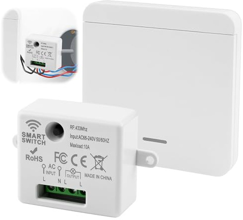 Kit Interruptor Luces inalambrico 230V Interruptor de Luz Inalámbrico Interruptor de Seguridad del Transmisor de RF Alcance 50m No Requiere Cableado Compatible con LED, Fluorescente e Incandescente