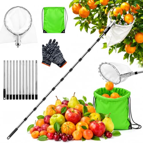 NAVESO Fruktplockare med teleskophandtag och handske, 4,4 m äppelplock, diameter 16 cm | Fruktsamlare med bomullspåse, fruktplockare teleskop för äpplen körsbär, plommon, citrus, päron