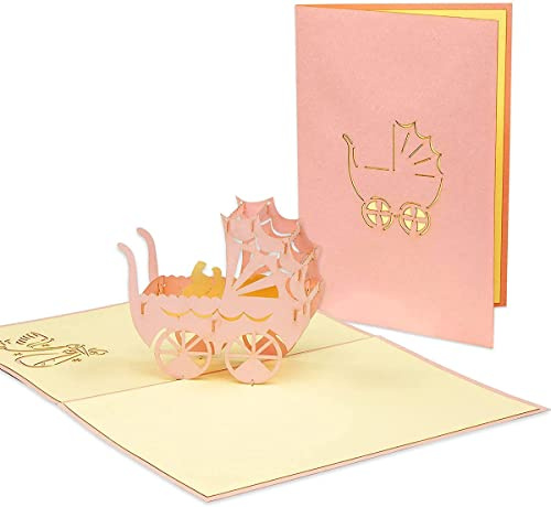 LIN - Pop Up 3D Biglietto di auguri per la nascita di una bambina, Carrozzina, (#90)
