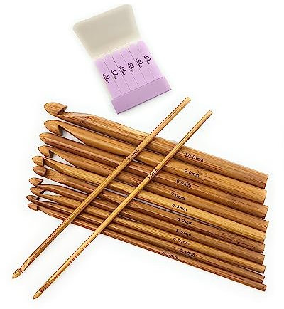 Bamboo Crochet Hooks Set of 12 Knitting Needles Craft Kit, 3mm to 10 mm Diameter with Handy Emery Board Matchbook