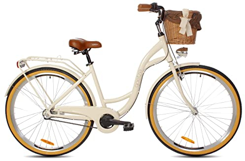 Goetze Style 28 Zoll Damen Citybike, 18 Zoll Aluminiumrahmen, Tiefeinsteiger, 3-Gang Nabenschaltung, Rücktrittbremse, LED-Beleuchtung, Gepäckträger, Komfortsattel, Rattankorb mit Stoffeinsatz!