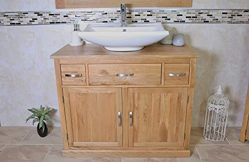 Wooden Bathroom Vanity with Sink and Drawer - Double Door Bathroom Sink Cabinet Wash Basin - Single Vanity Unit with Chromed Mixer Tap and Oak Top - Natural Oak (116116)