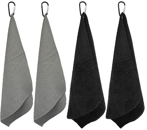 TSHAOUN 4 Pezzi Asciugamano da Golf in Microfibra, Asciugamano per Pulizia del Golf con Clip, Asciugamano Sportivo Pieghevole per Campo da Golf, Palestra, Campeggio, 30 * 30cm (Nero,Grigio)
