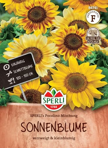 SPERLI Sonnenblumensamen SPERLI's Pocolino Mischung, Mehrfarbige Kleinblumen, Einjährige 3-4m Hohe Pflanzen, Ideal zum Schnitt, Blütezeit August-Oktober