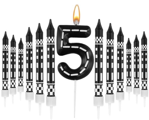 13st Tävlingsbilar med Tema Födelsedagsljus, Svart och Vit Rutiga Födelsedag Ljus för Tårta Sifferljus Nummer Tårta Topper för Pojkar Flickor Dekoration med Temafest (5)