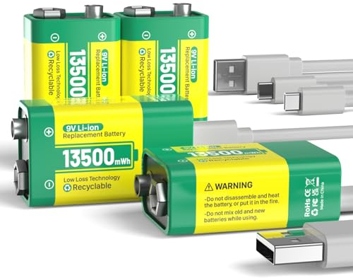 Batería Recargable de 9 V, 13500mWh 9 V batería de Litio de Alta Capacidad, con Cable de Carga rápida USB-C, Ideal para detectores de Humo, micrófono, alarmas, Juguetes, linternas, Dispositivos