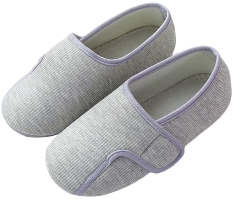 iEasey Damen Mädchen Baumwolle Geschlossene Hausschuhe mit Klettverschluss Einstellbare Bequeme Hausschuhe Leichte Frottee Halbschuhe mit Rutschfester Gummisohle Arthritis Ödem Diabetiker Hausschuhe
