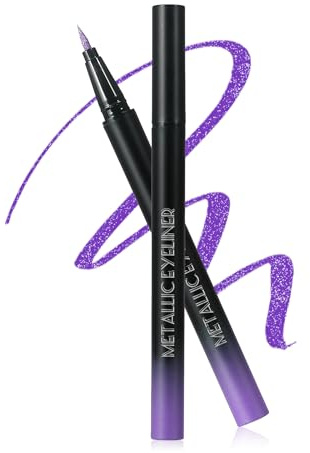 Metallic Lila Glitter Liquid Eyeliner, Diamond Glitzer Eye Liner Wasserfest, Flüssiger Eyeliner Stift Bunt Langanhaltend, Hochpigmentiert Wischfest Kajalstift Augen-Makeup für Festliche Umstylings-02#