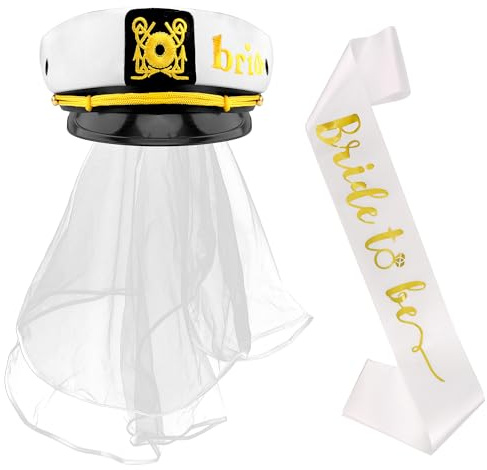 CUBACO Bride to Be Sash Bride Hat with Veil for Women Captain Hats for Bachelorette Party White Sailor Wedding Nautical Favor Yacht Captains Bridal Shower Decorations Beach Boat Party