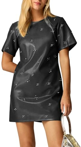 LifeShe Rhinestone Faux Leather Dress for Women Casual Short Sleeve Crew Neck Elegant A-line Mini PU Dresses Black