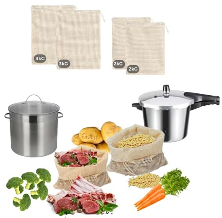 IM® Set de 4 Mallas de Algodón para Cocer Garbanzos, Legumbres y Verduras de dos tamaños (35x30 cm y 27x25 cm) | Bolsas Reutilizables para Cocción | Red para Cocidos y Pucheros