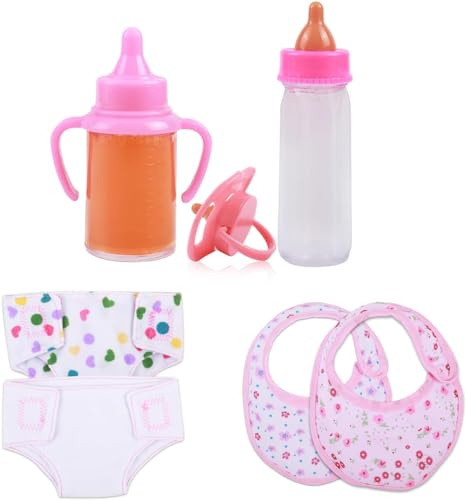 7 Stück Puppenflasche mit Milch Puppenschnuller Puppenlätzchen Puppenwindeln Puppenzubehör Magische Flasche Puppe Windel Puppen Zubehör Schnuller Lätzchen Kinder Geschenk für Weihnachten, Neujahr