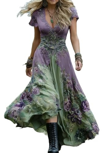 NZYIHAO Abito boho da donna, sexy, con scollo a V, elegante, a maniche corte, slim fit, abito da spiaggia, linea ad A, per il tempo libero, asimmetrico, verde, L