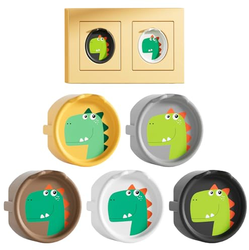 Protector de Enchufes para Bebés y Niños, Pack de 5 Tapas de Silicona con Diseño de Dinosaurio para Enchufes Europeos, Seguridad Infantil, Antipolvo y Decorativo, Multicolor