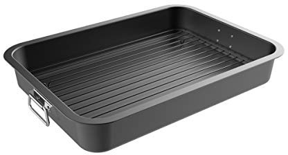 Roasting Pan with Flat Rack - Nonstick Oven Roaster and Removable Tray to Drain Fat and Grease for Healthier Cooking by Classic Cuisine (Black)