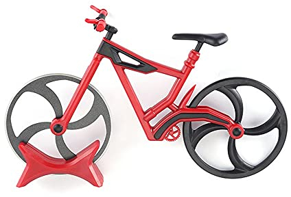 UUBRAU Cykel pizzaskärare, rolig pizzaskärare rostfritt stål plast pizzarad pizzakniv, pizzakniv med vass skärmaskin och stativ för jul kreativa presenter röd